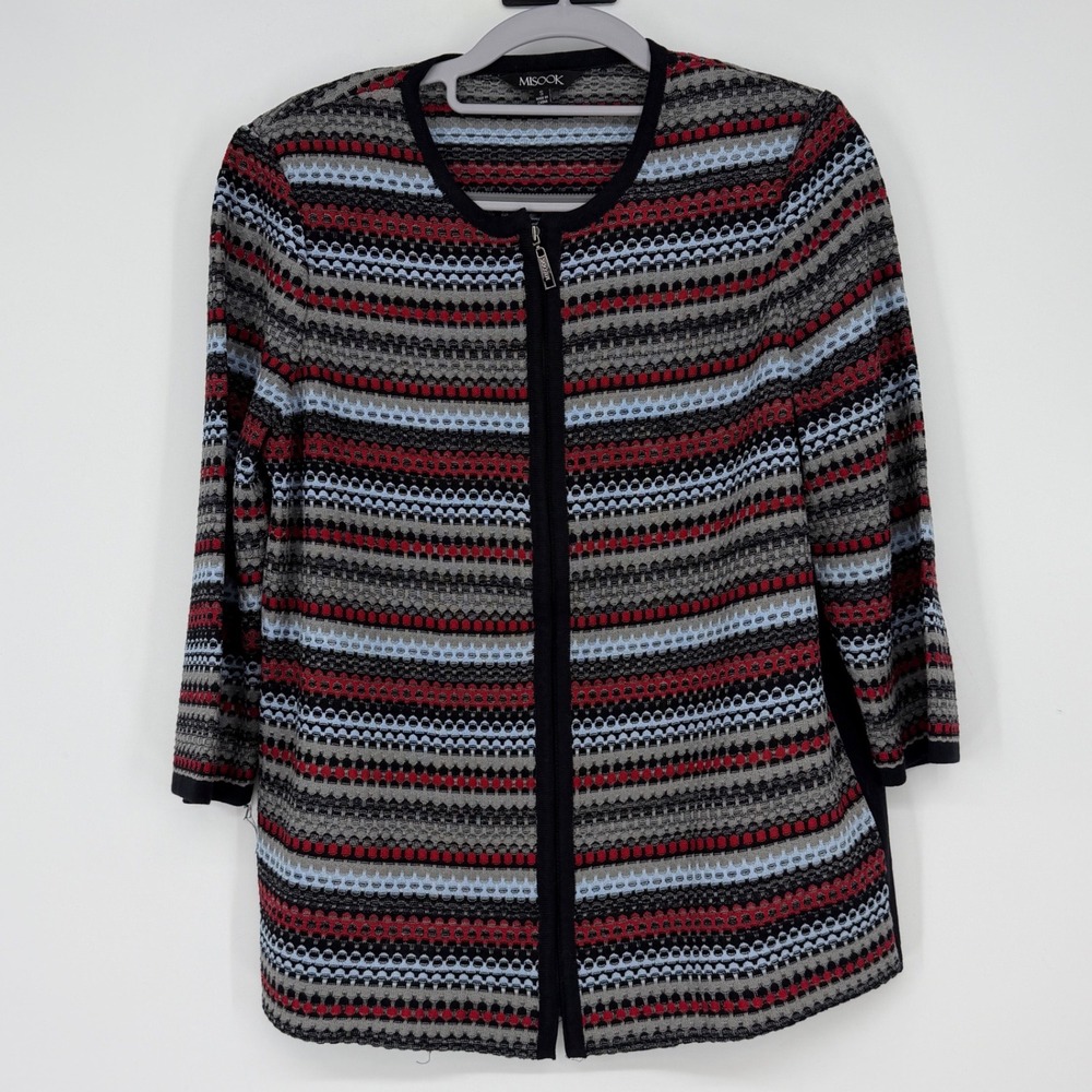 Misook Womens Small Knit Zip Front‎ Jacket Striped Red Blue Gray Black Office
